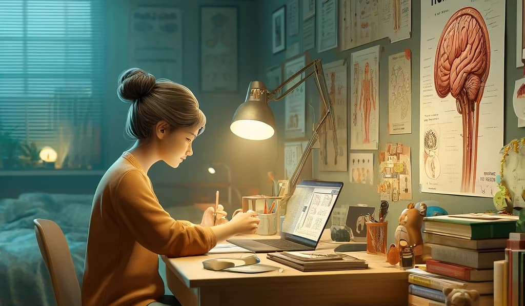 student at a desk at home